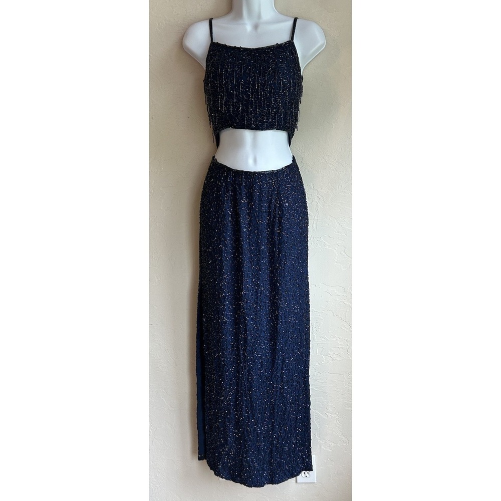 Vintage 90s Y2K Sean X-press Beaded Silk Gown XS Navy Blue Formal Fringe Prom